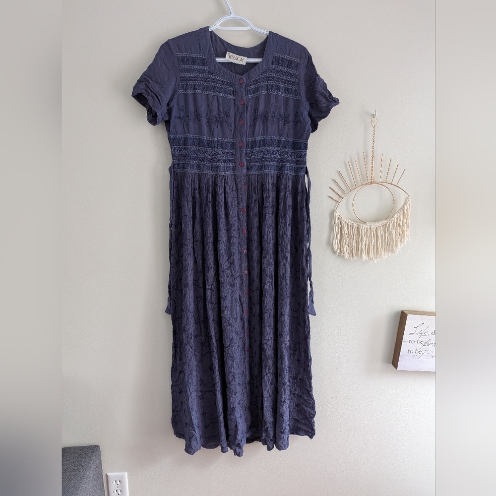 Vintage Jessica Embroidered Midi Dress with Buttons